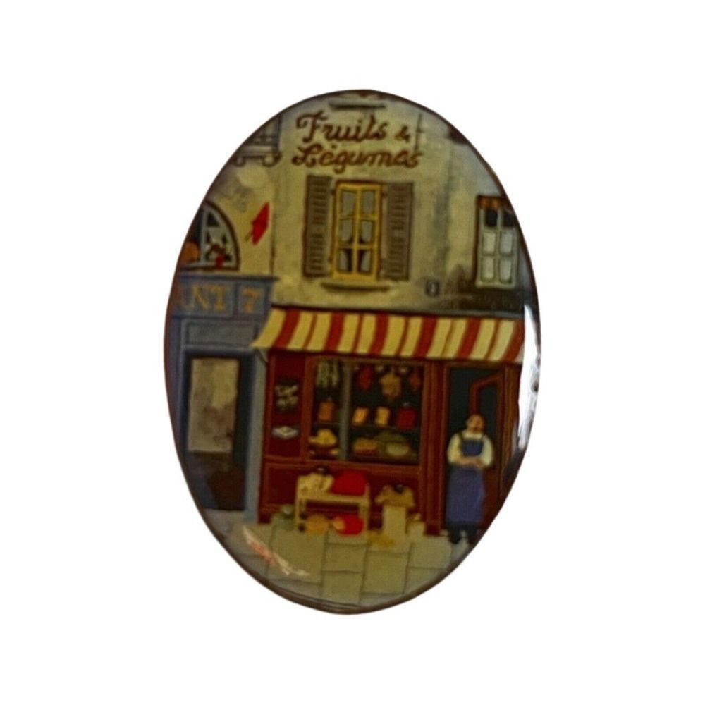 Vtg 1950’s Scene “Fruits And Legumes” Olde Store Front Stand Enamel Pin Brooch